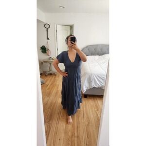 Portofino Italy 100% Linen Maxi Dress Blue Tiered V-Neck Short‎ Sleeve Size S